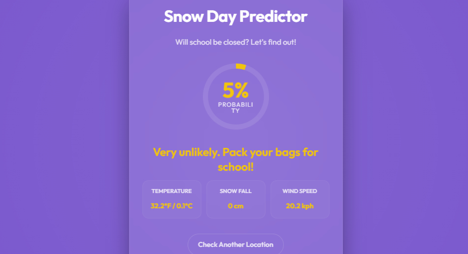 Snow day predictor showing result of snow chances