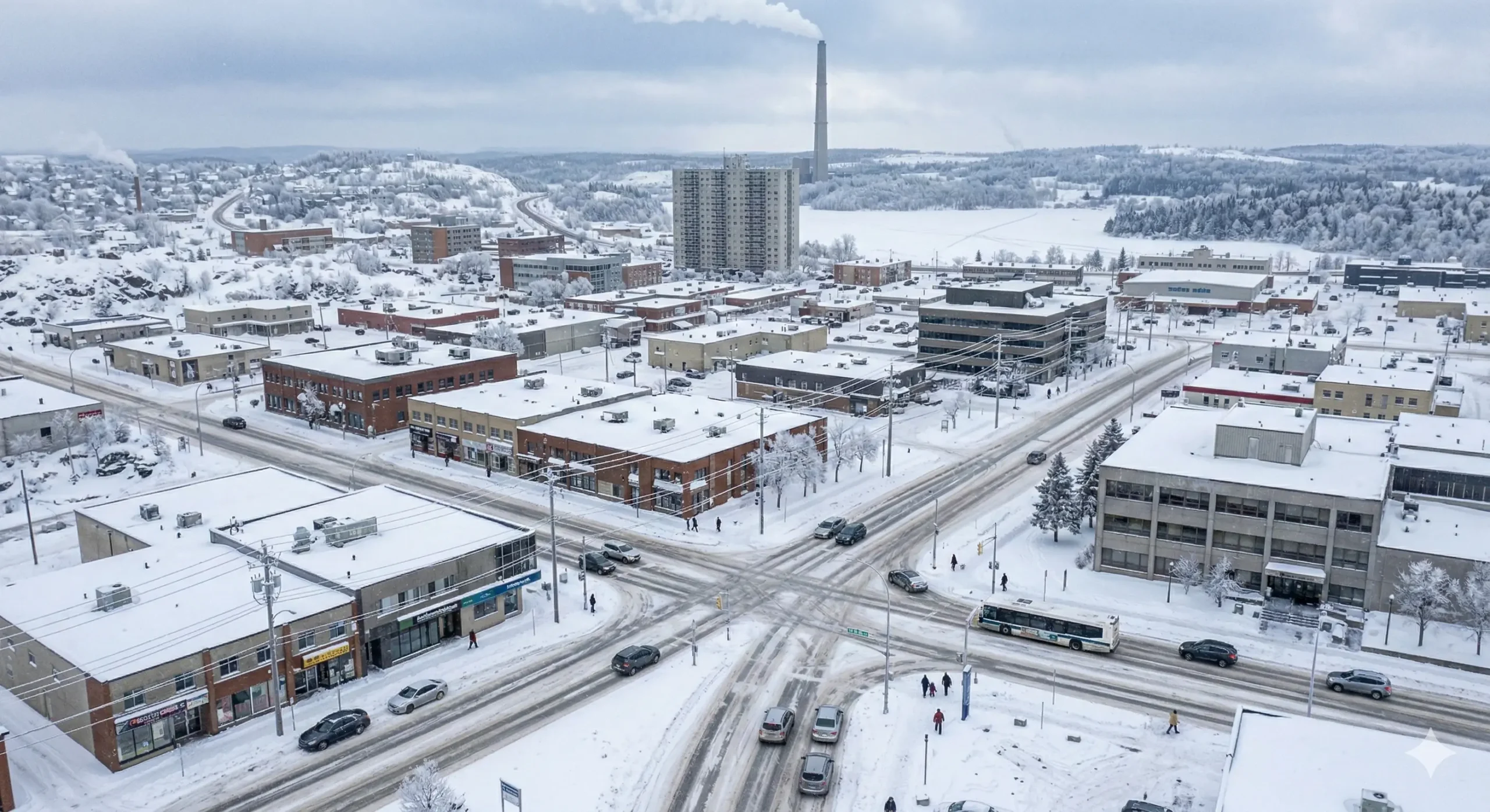 Aerial winter view of Greater Sudbury Ontario showing snow covered streets pedestrians and the iconic Science North globe landmark with the Inco Superstack visible
