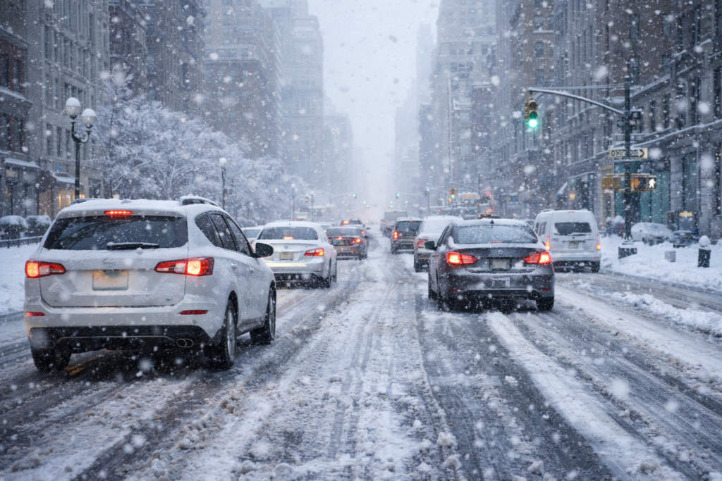 Snowy city street with traffic