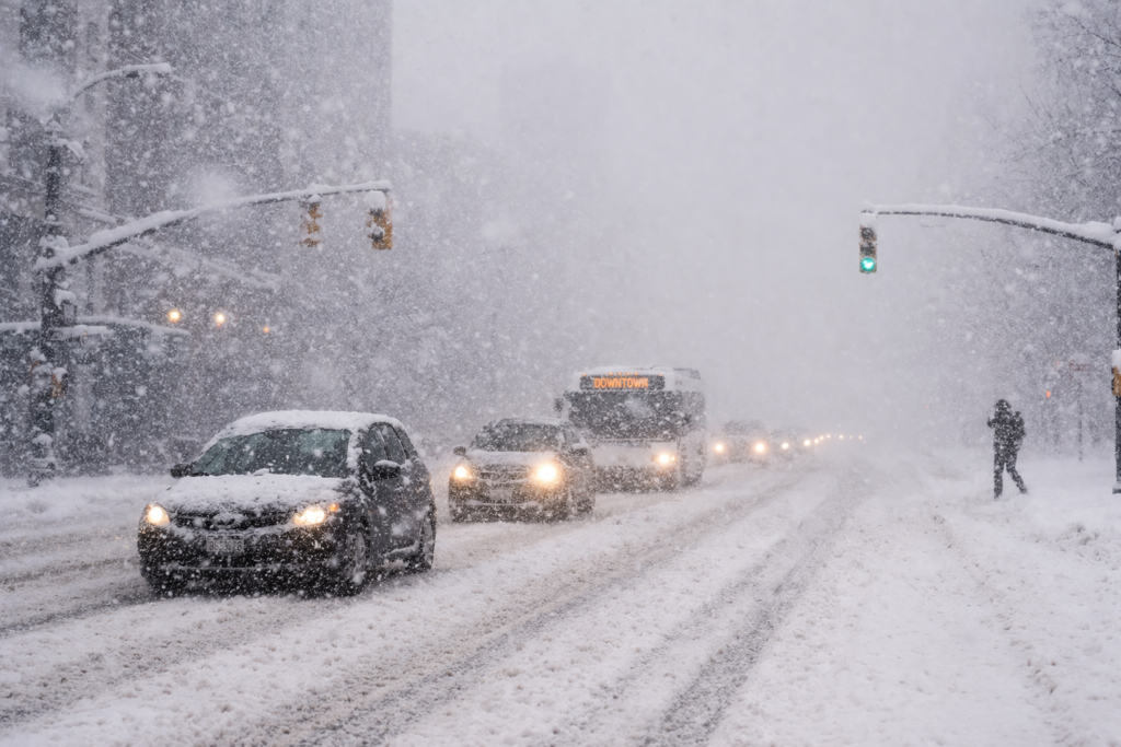Snowy street with limited visibility