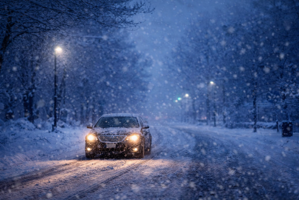 Car going on snow day at early morning in havy snow