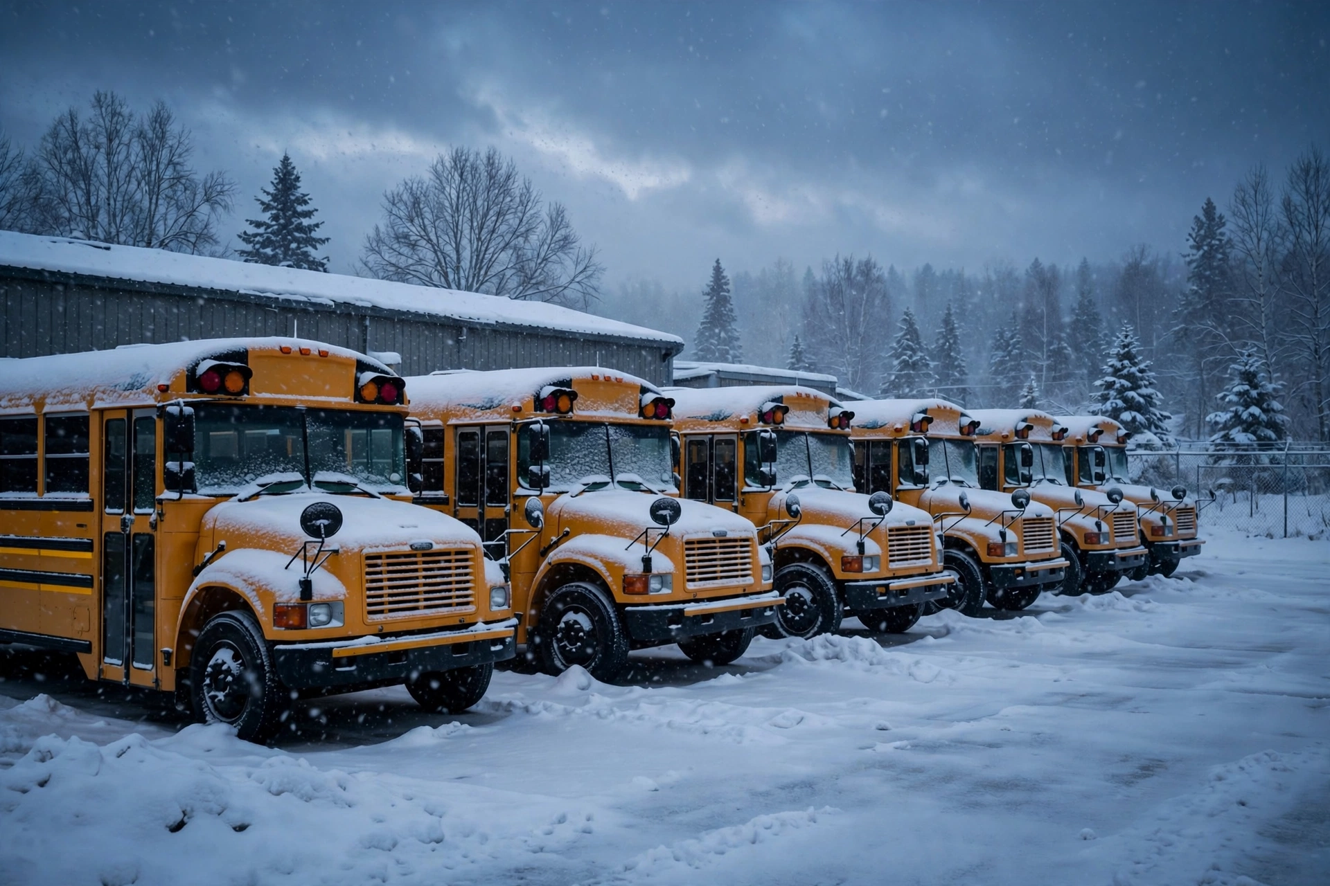 School buses parked in snow in Simcoe County during bus cancellations in Barrie Ontario