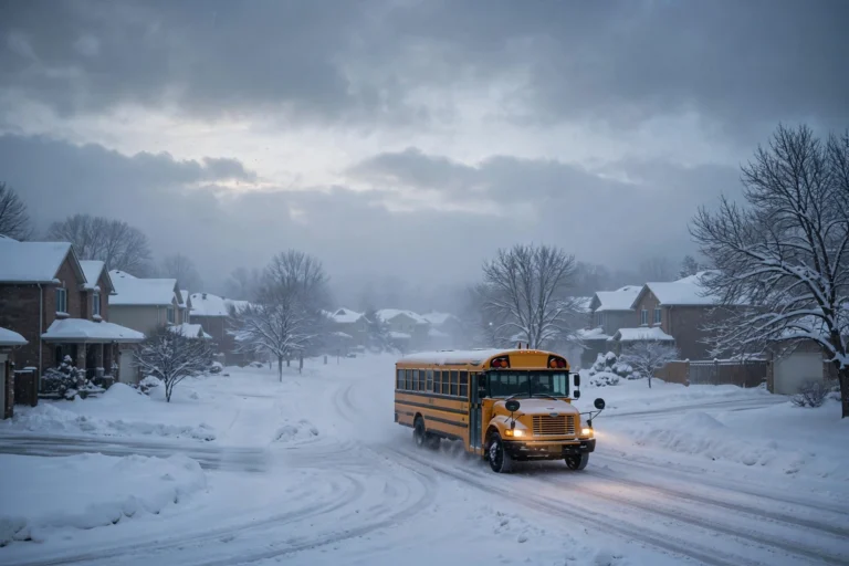 School bus driving through heavy snow on a Barrie Ontario street during a winter snowstorm