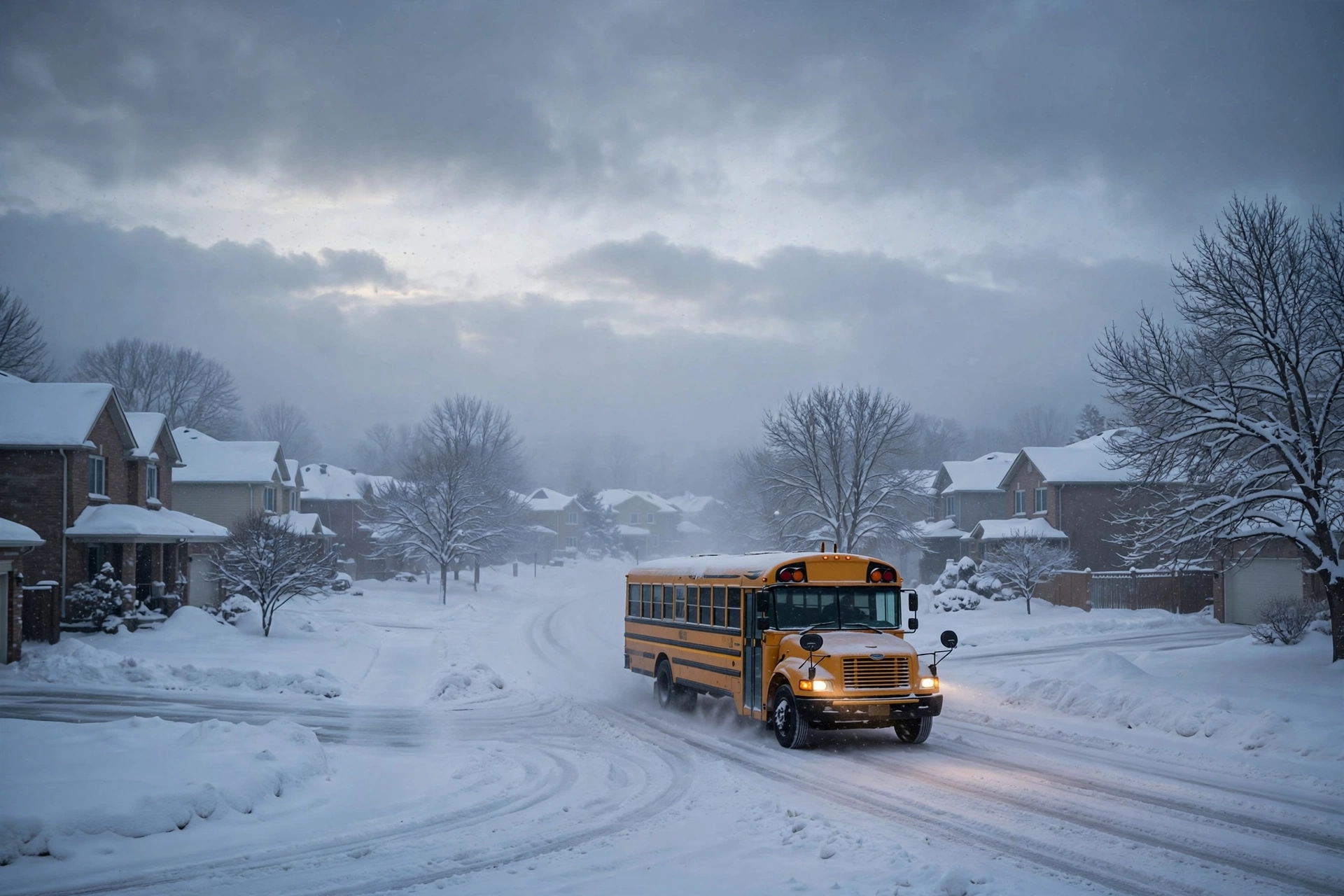 School bus driving through heavy snow on a Barrie Ontario street during a winter snowstorm