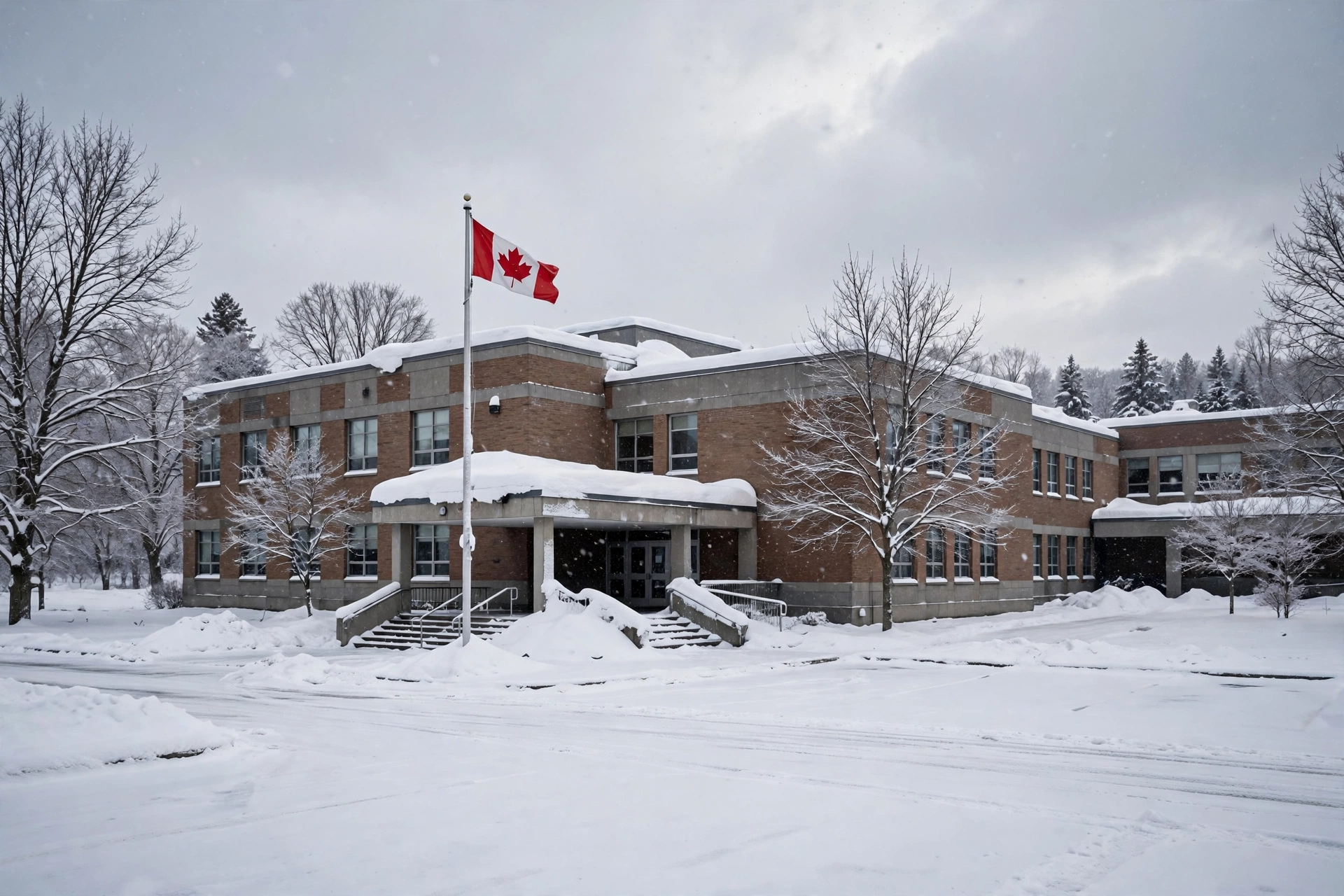 Ontario high school building covered in snow in Barrie during winter