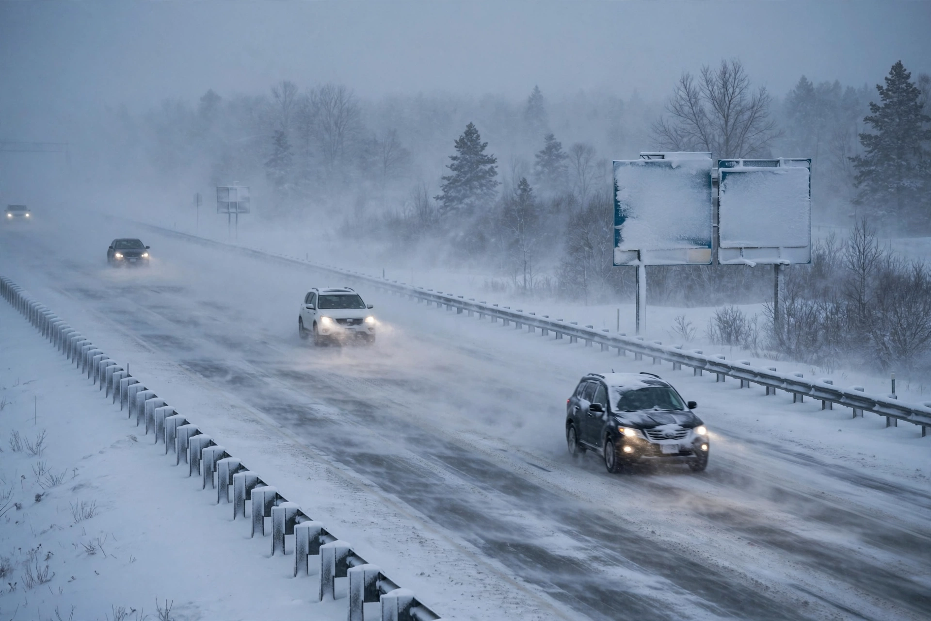 Highway 400 near Barrie Ontario in a heavy winter snowstorm with blowing snow