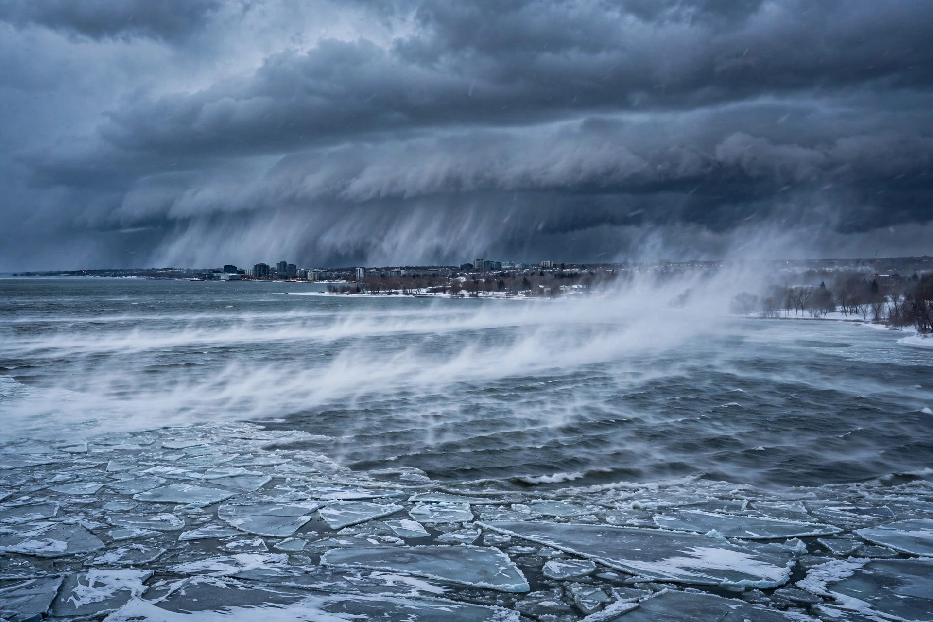 Lake-effect snow squall moving over Kempenfelt Bay toward Barrie Ontario