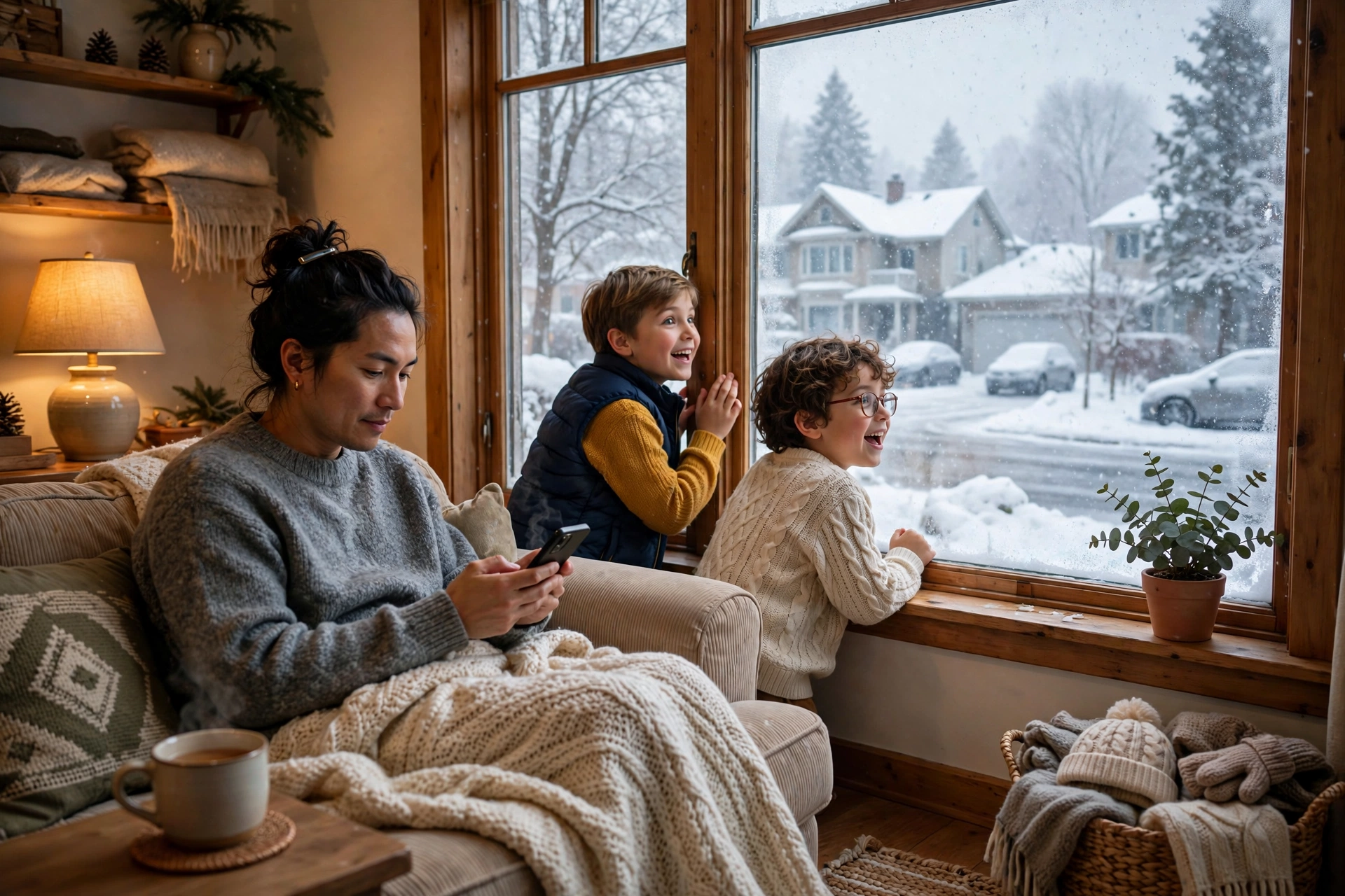 Barrie parent checking phone for school bus cancellations while children watch snowfall